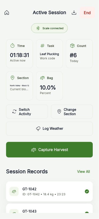 GardenSuite active harvest session with connected scale and saved worker records
