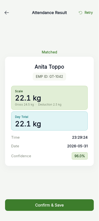 App result screen showing net leaf weight and save option