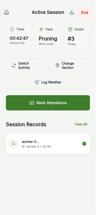 GardenSuite active attendance session with field work context