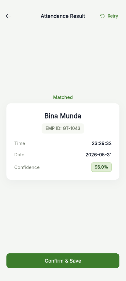 App result screen showing face matched and verified