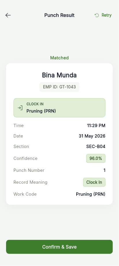 Punch success screen showing clock-in saved offline