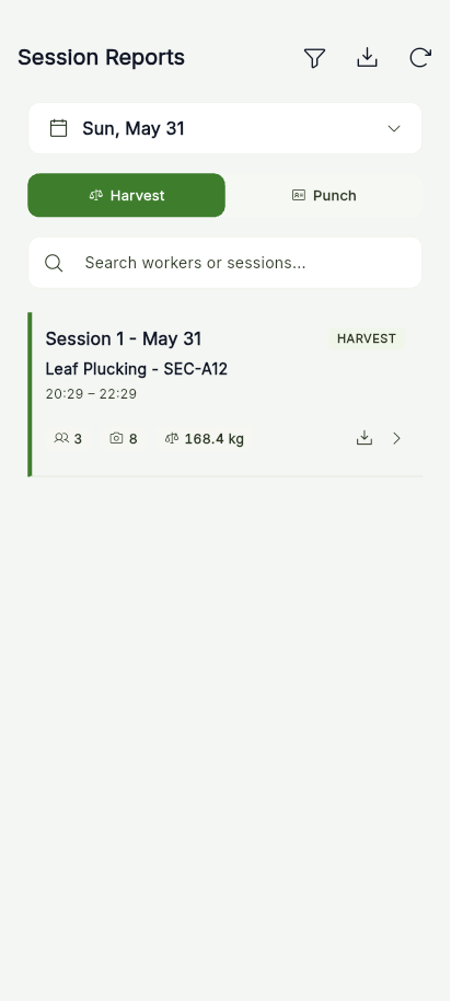 App report screen showing active harvest session list