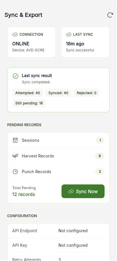 GardenSuite sync screen showing uploaded and pending field records